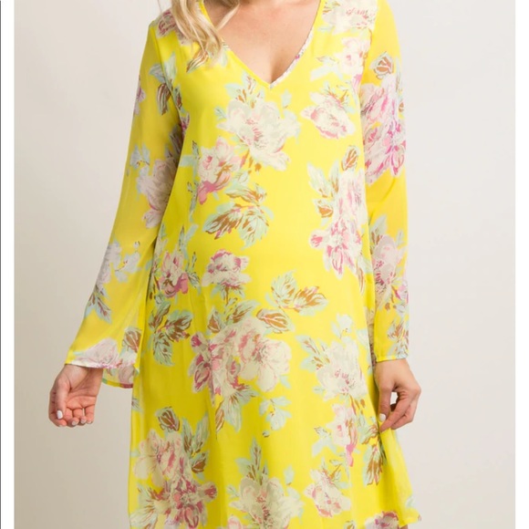 Pink Blush- Chiffon Yellow Floral Bell Sleeve Dress - Picture 1 of 6